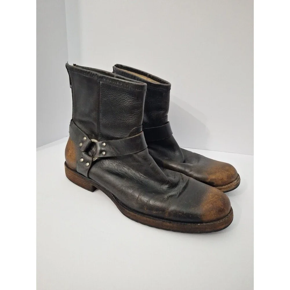 Vtg Frye Antiqued Black Leather Motorcycle Harness Boot Ankle Zip Up Mens 13 D